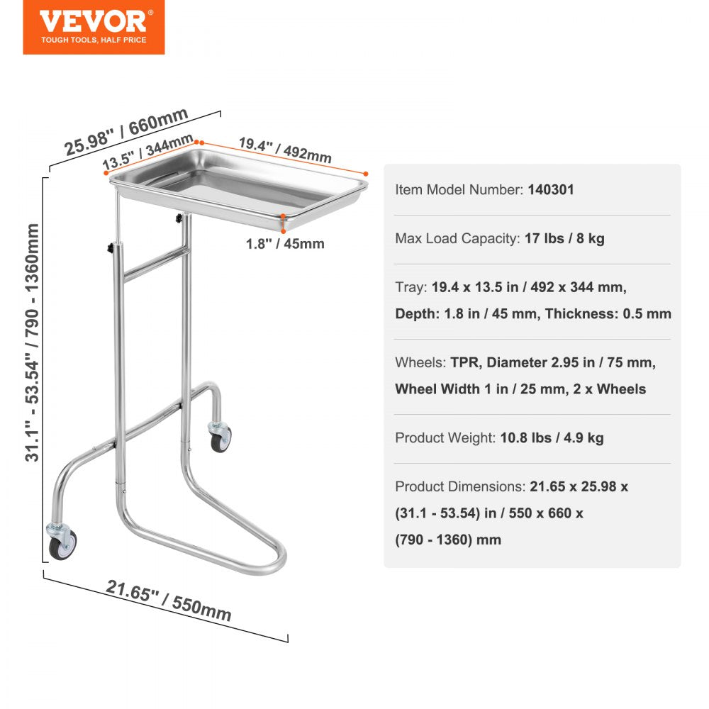 Stainless Steel Lab Cart with Single Tray & 2 Silent Wheels for Lab Clinic, Lab Serving Cart Utility Cart Stainless Steel Medical Cart, Lab Carts with 1 Drawers & Top Tray, Lab Rolling Cart for Lab, Clinic, Hospital, Salon, Office