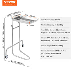 Stainless Steel Lab Cart with Single Tray & 2 Silent Wheels for Lab Clinic, Lab Serving Cart Utility Cart Stainless Steel Medical Cart, Lab Carts with 1 Drawers & Top Tray, Lab Rolling Cart for Lab, Clinic, Hospital, Salon, Office