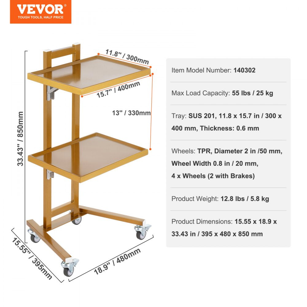 2 Tiers Stainless Steel Lab Carts with 2 Trays & 4 Silent Wheels Golden, Lab Serving Cart Utility Cart Stainless Steel Medical Cart, Lab Carts with 2 Drawers & Top Tray, Lab Rolling Cart for Lab, Clinic, Hospital, Salon, Office