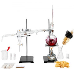 Essential Oil Distillation Kit, 500ml Distillation Apparatus, 3.3 Boro Lab Glassware Distillation Kit with Alcohol Lamp, Ceramic Mesh and 24, 40 Joint, 28 pcs Set