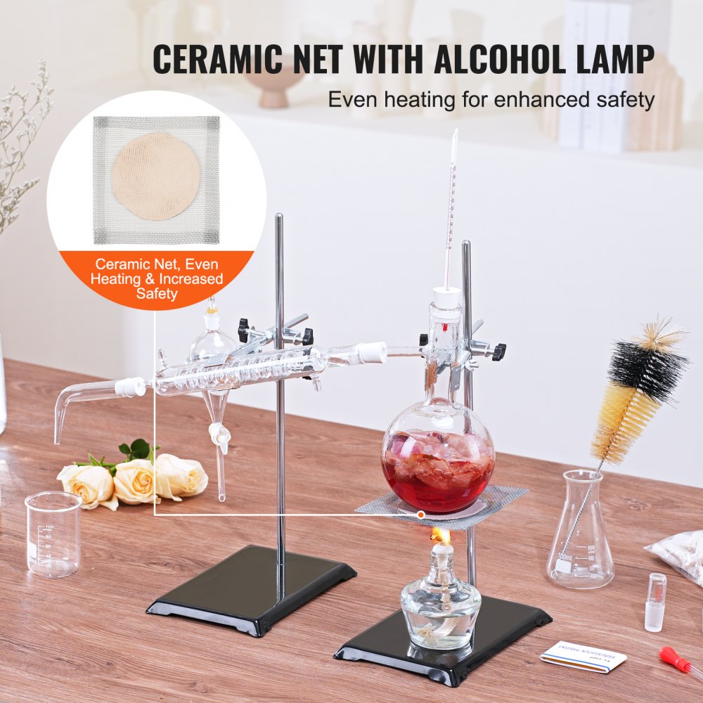 Essential Oil Distillation Kit, 500ml Distillation Apparatus, 3.3 Boro Lab Glassware Distillation Kit with Alcohol Lamp, Ceramic Mesh and 24, 40 Joint, 28 pcs Set