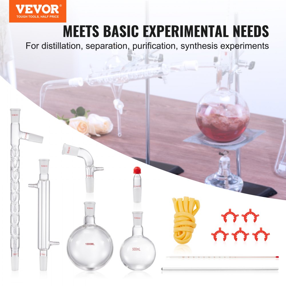 Lab Distillation Kit, 3.3 Boro Lab Glassware Distillation Kit with 24, 40 Joint, 1000ml Essential Oil Distillation Apparatus Kit, 14 pcs Set of Glassware Equipment