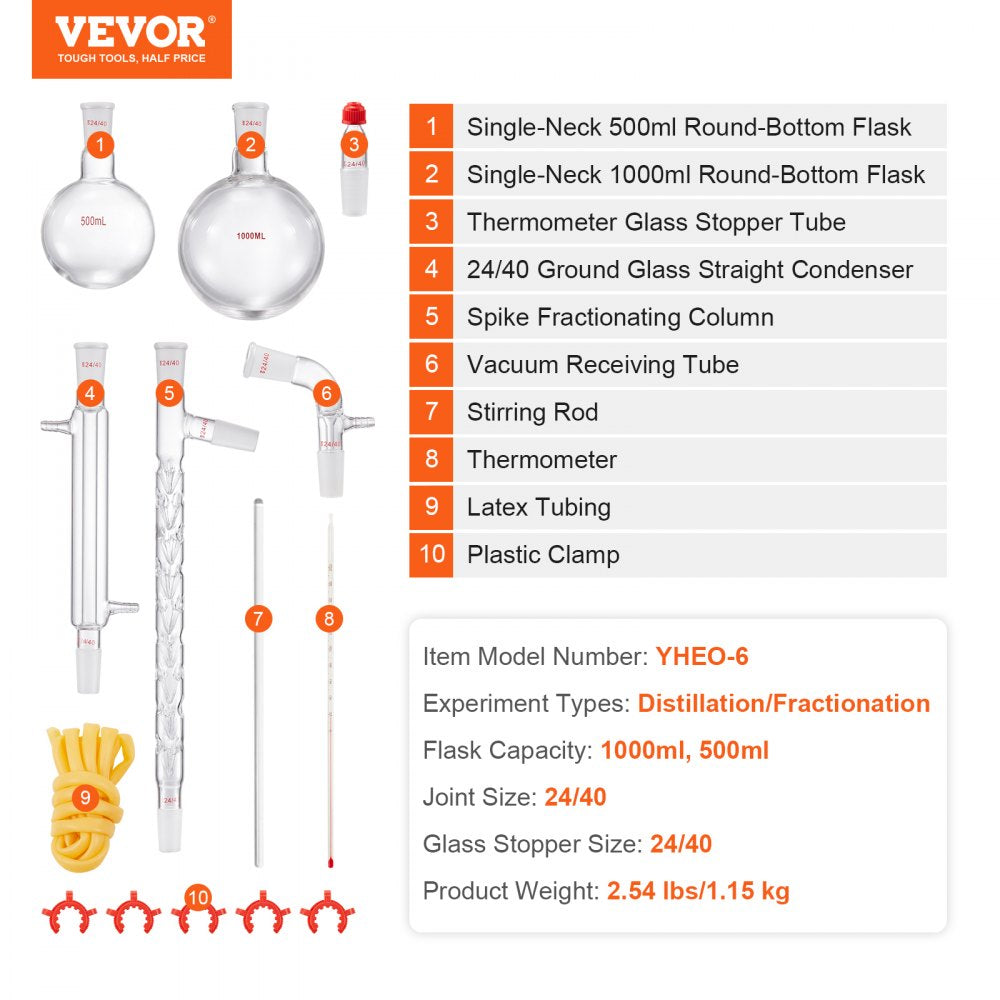 Lab Distillation Kit, 3.3 Boro Lab Glassware Distillation Kit with 24, 40 Joint, 1000ml Essential Oil Distillation Apparatus Kit, 14 pcs Set of Glassware Equipment