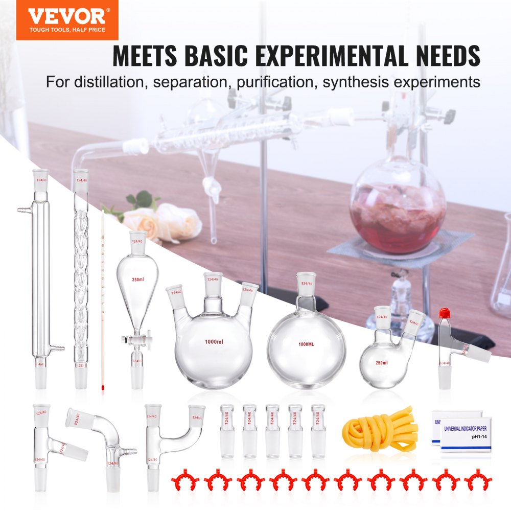 Lab Distillation Kit, 3.3 Boro Lab Glassware Distillation Kit with 24, 40 Joint, 1000ml Essential Oil Distillation Apparatus Kit, 29 pcs Set of Glassware Equipment