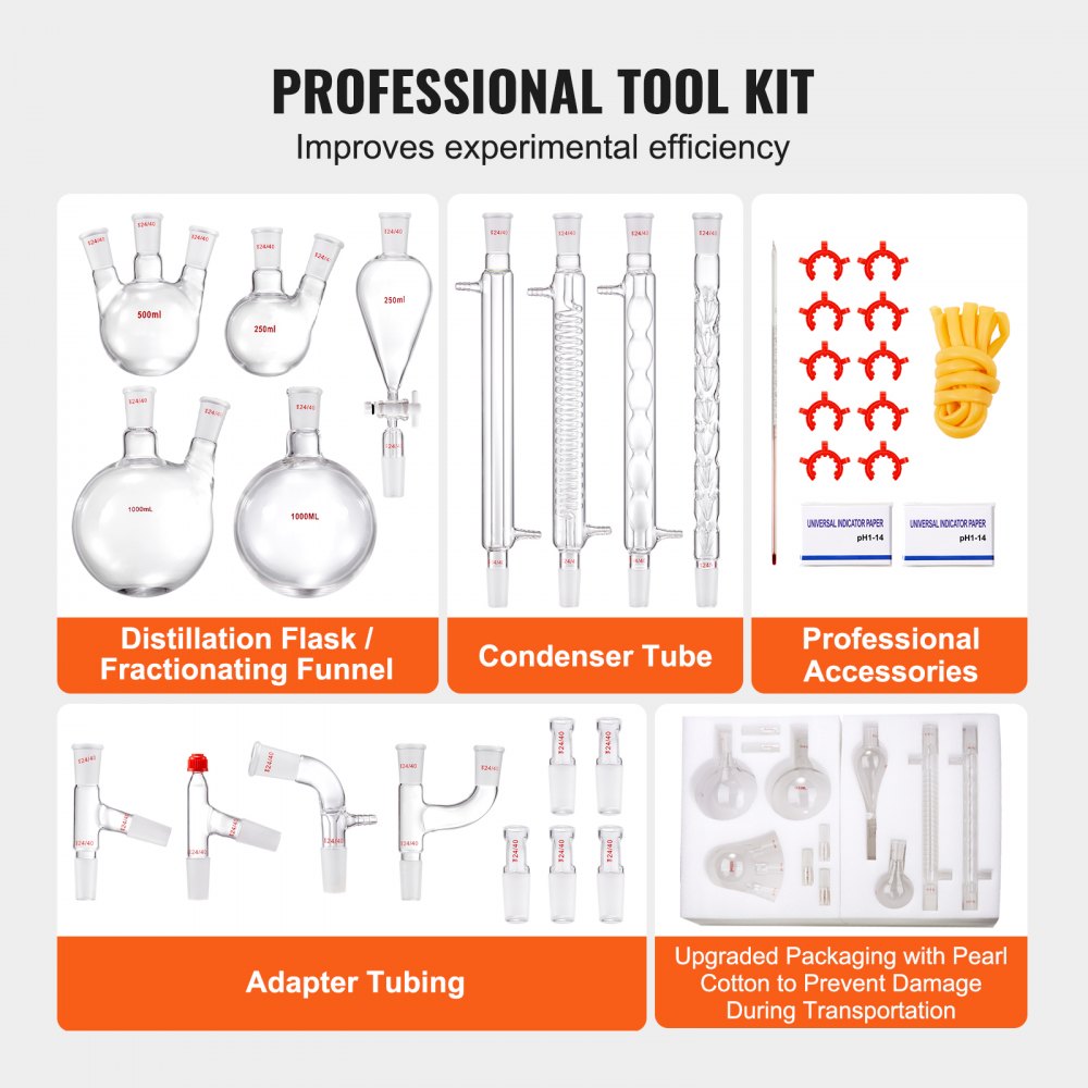 Lab Distillation Kit, 3.3 Boro Lab Glassware Distillation Kit with 24, 40 Joint, 1000ml Essential Oil Distillation Apparatus Kit, 32 pcs Set of Glassware Equipment