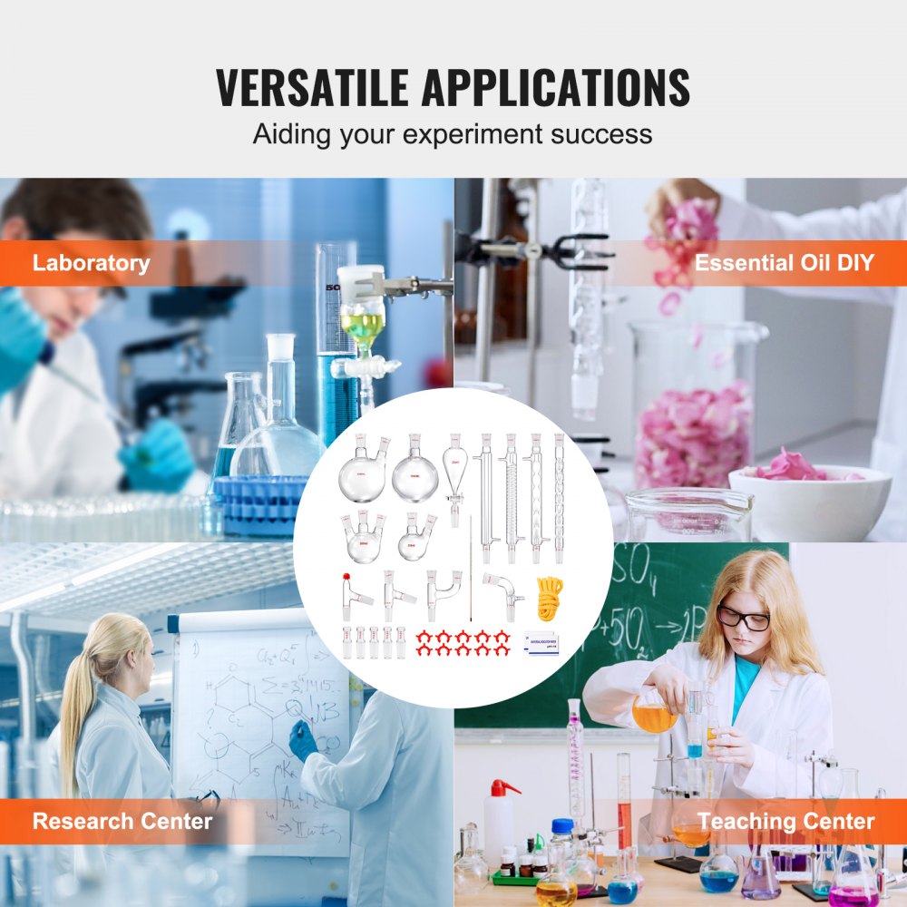 Lab Distillation Kit, 3.3 Boro Lab Glassware Distillation Kit with 24, 40 Joint, 1000ml Essential Oil Distillation Apparatus Kit, 32 pcs Set of Glassware Equipment