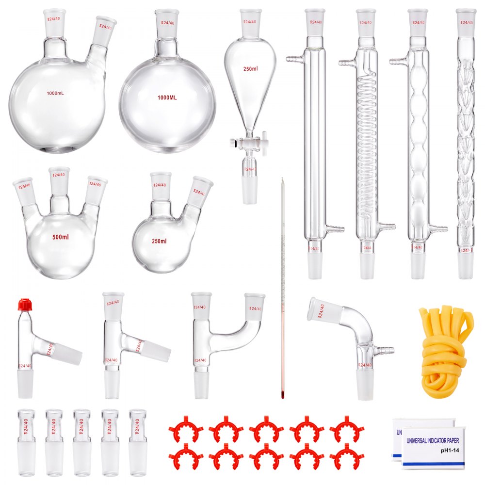 Lab Distillation Kit, 3.3 Boro Lab Glassware Distillation Kit with 24, 40 Joint, 1000ml Essential Oil Distillation Apparatus Kit, 32 pcs Set of Glassware Equipment