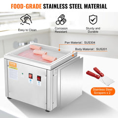Fried Ice Cream Roll Machine, 11" x 9.5" Stir-Fried Ice Cream Pan, Stainless Steel Rolled Ice Cream Maker with Compressor and 2 Scrapers, for Making Ice Cream, Frozen Yogurt, Ice Cream Rolls