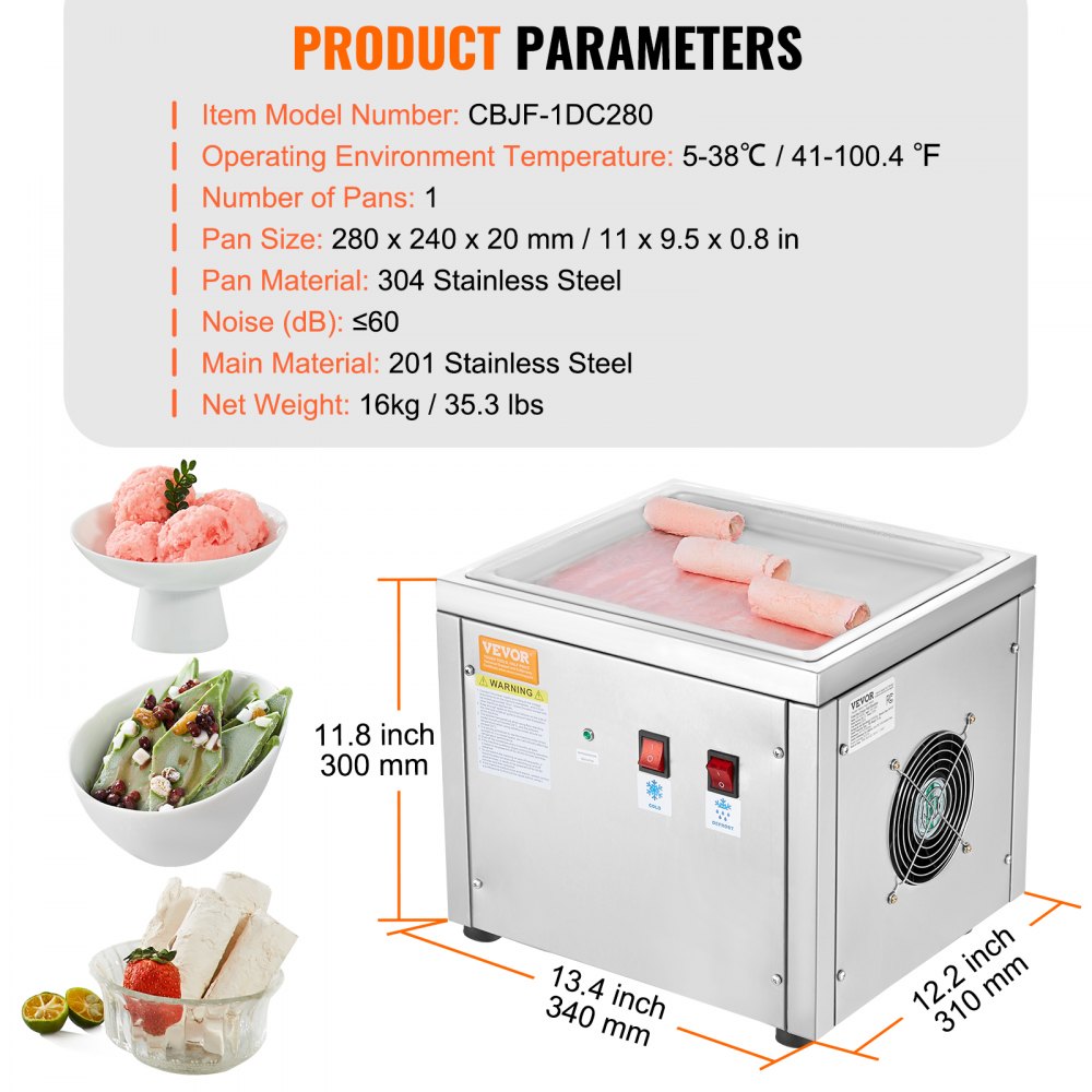 Fried Ice Cream Roll Machine, 11" x 9.5" Stir-Fried Ice Cream Pan, Stainless Steel Rolled Ice Cream Maker with Compressor and 2 Scrapers, for Making Ice Cream, Frozen Yogurt, Ice Cream Rolls