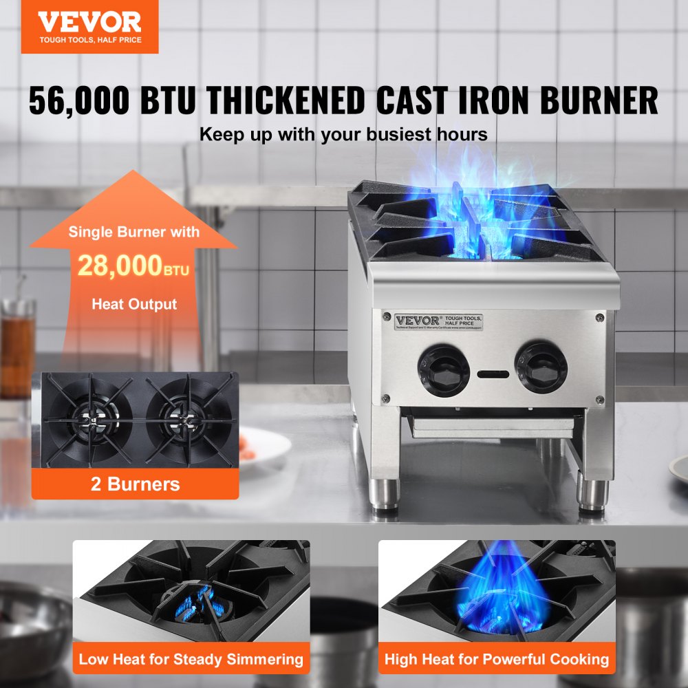 Commercial Gas Range Stove 2 Burners Countertop Cooking Hot Plate Kitchen