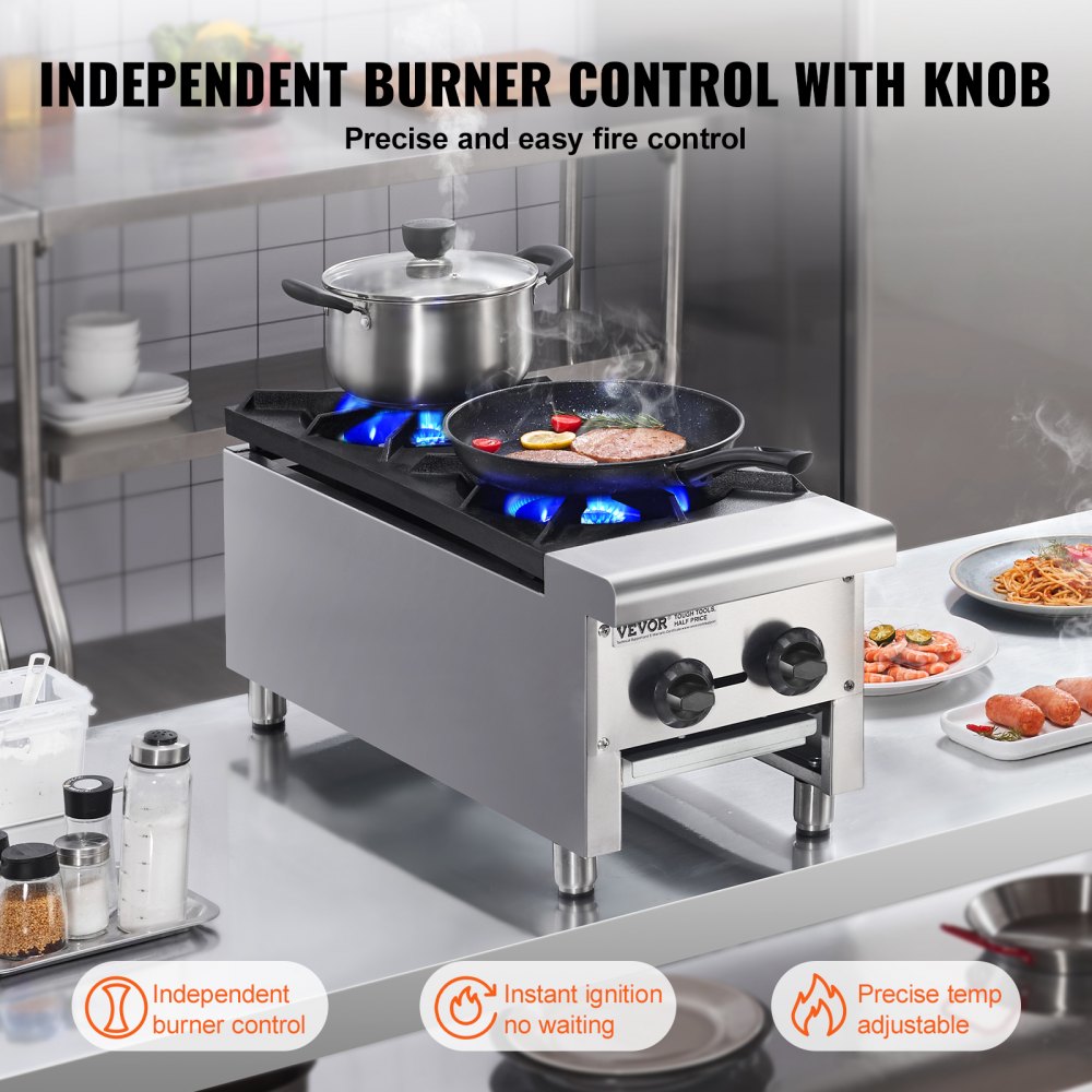 Commercial Gas Range Stove 2 Burners Countertop Cooking Hot Plate Kitchen