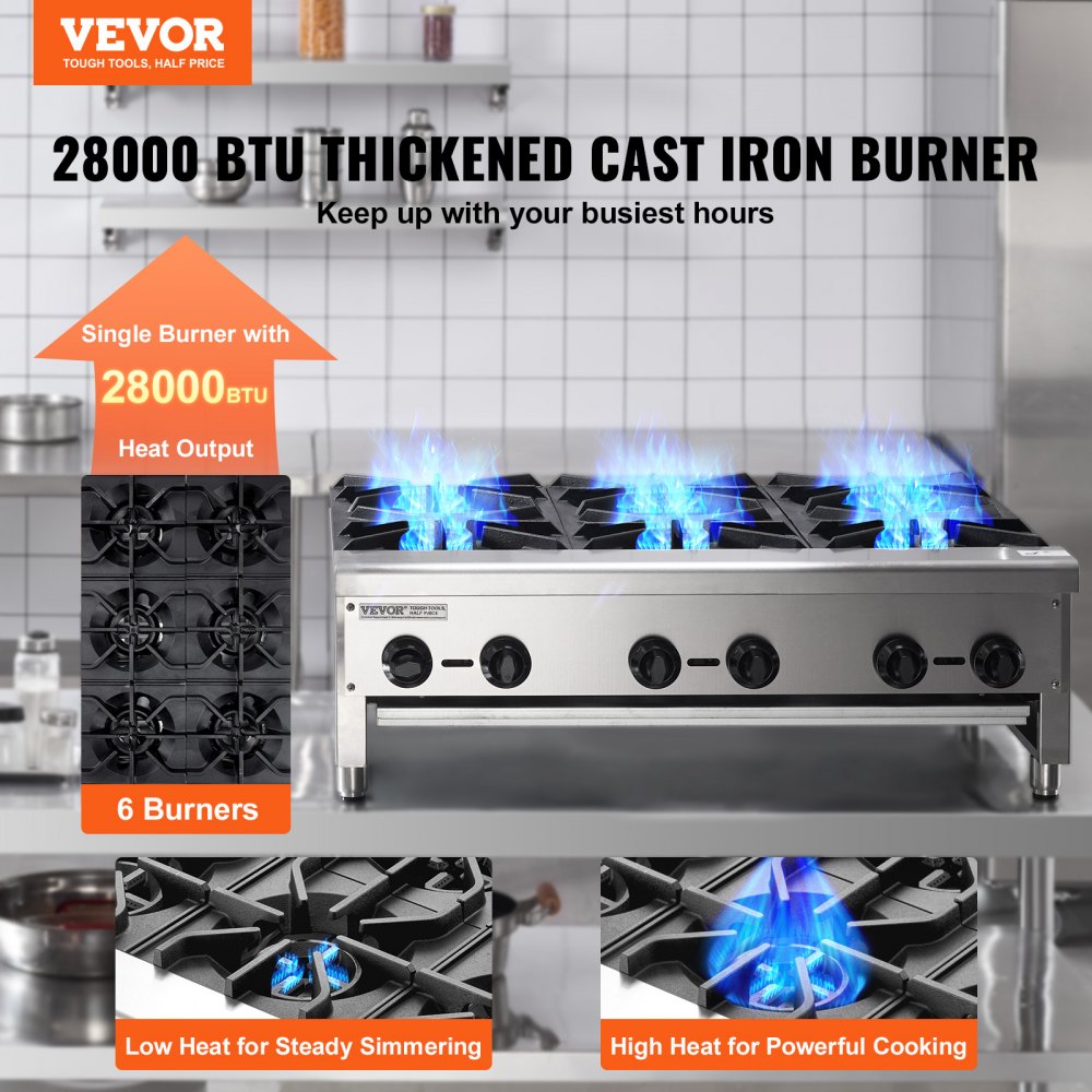 Commercial Gas Range Stove 6 Burners Countertop Cooking Hot Plate Kitchen