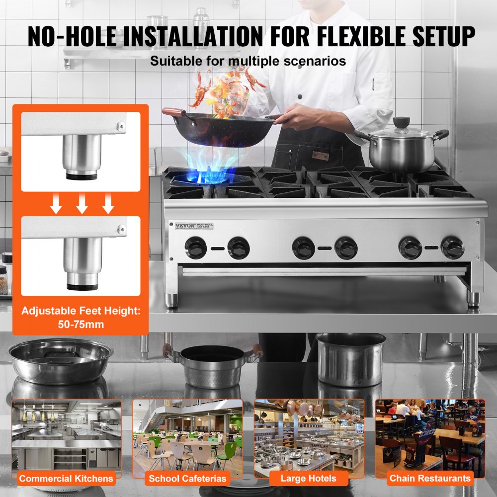 Commercial Gas Range Stove 6 Burners Countertop Cooking Hot Plate Kitchen