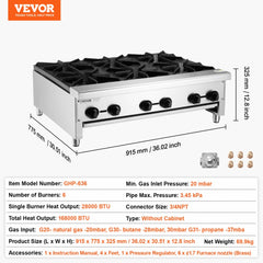 Commercial Gas Range Stove 6 Burners Countertop Cooking Hot Plate Kitchen