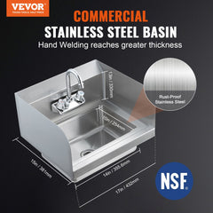 Commercial Hand Sink with Faucet and Side Splash, NSF Stainless Steel Sink for Washing, Small Hand Washing Sink, Wall Mount Hand Basin for Restaurant, Kitchen, Bar, Garage and Home, 17x12.8 inch