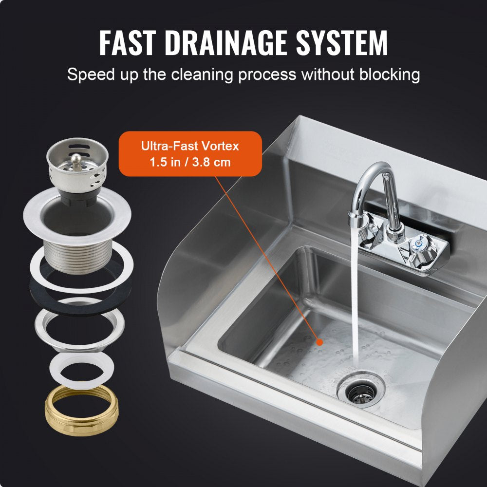Commercial Hand Sink with Faucet and Side Splash, NSF Stainless Steel Sink for Washing, Small Hand Washing Sink, Wall Mount Hand Basin for Restaurant, Kitchen, Bar, Garage and Home, 17x12.8 inch