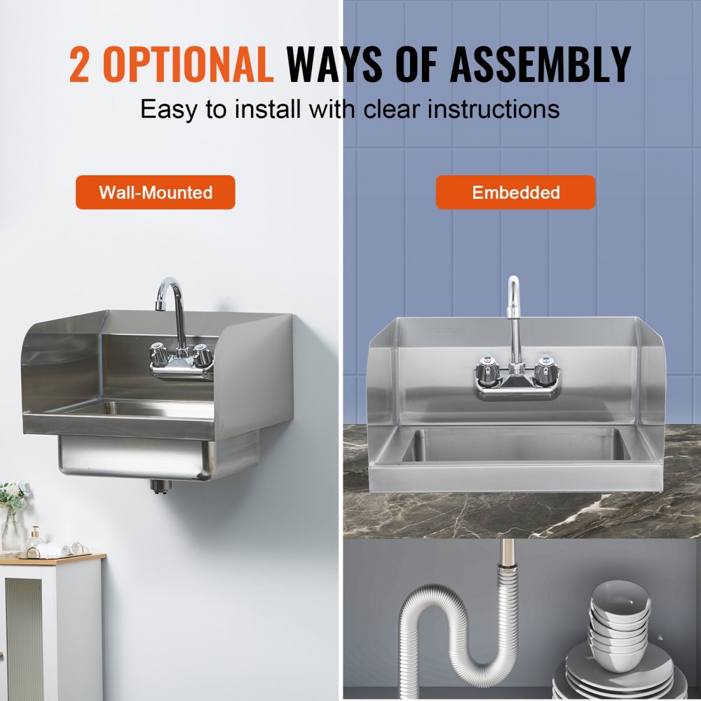 Commercial Hand Sink with Faucet and Side Splash, NSF Stainless Steel Sink for Washing, Small Hand Washing Sink, Wall Mount Hand Basin for Restaurant, Kitchen, Bar, Garage and Home, 17x12.8 inch