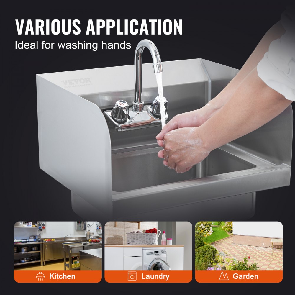 Commercial Hand Sink with Faucet and Side Splash, NSF Stainless Steel Sink for Washing, Small Hand Washing Sink, Wall Mount Hand Basin for Restaurant, Kitchen, Bar, Garage and Home, 17x12.8 inch