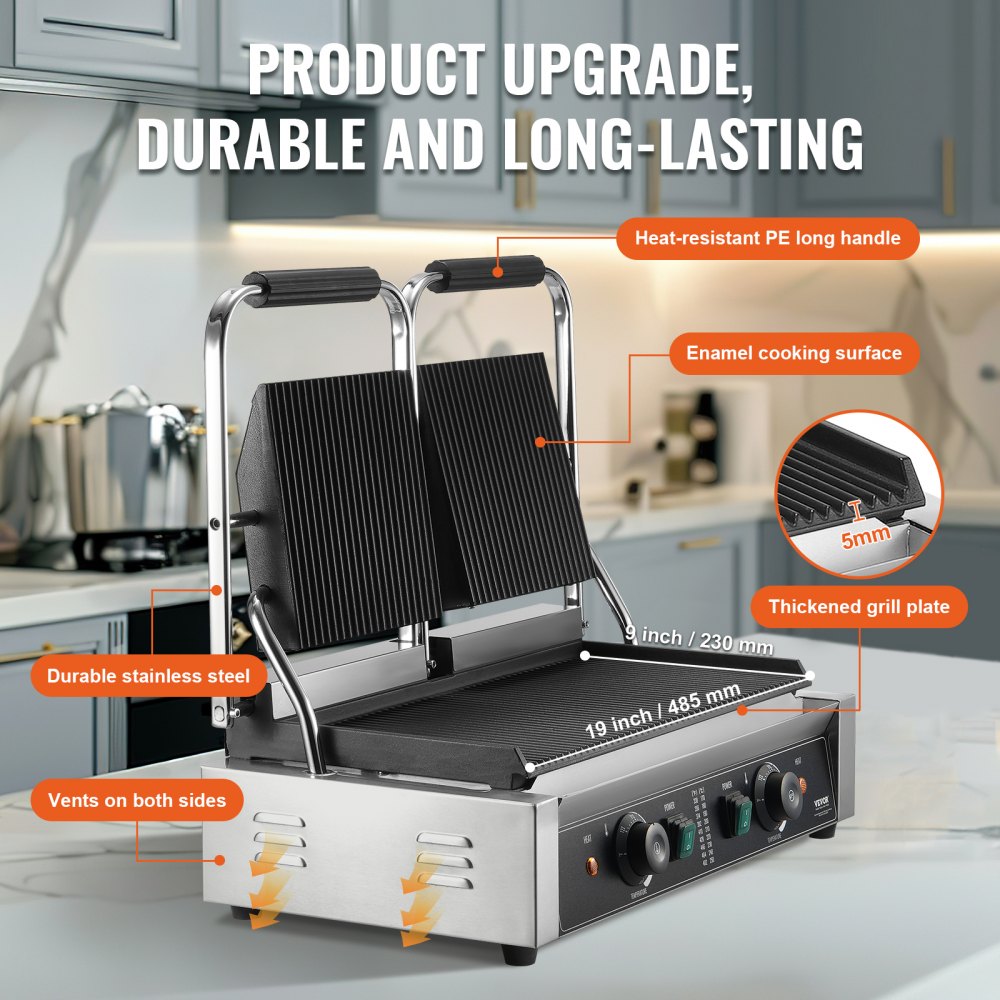 Commercial Panini Press Grill Electric Sandwich Maker Griddle Plate 19"x9"