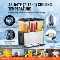 Commercial Beverage Dispenser 12L x 3 Tanks Cold Juice Ice Drink Dispenser