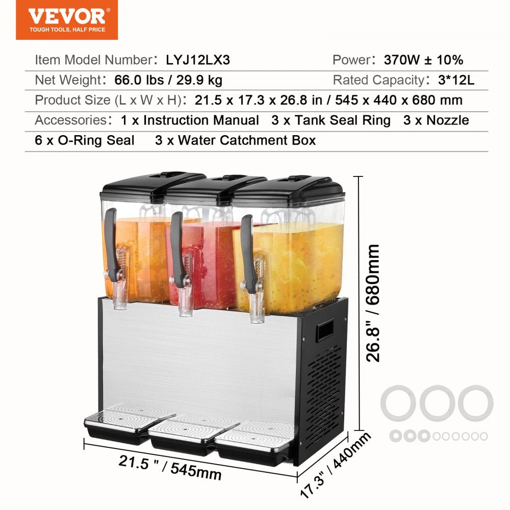 Commercial Beverage Dispenser 12L x 3 Tanks Cold Juice Ice Drink Dispenser