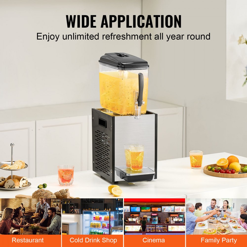 Stainless steel 12L commercial cold beverage dispenser with yellow juice, shown in restaurant, shop, cinema, and party settings.