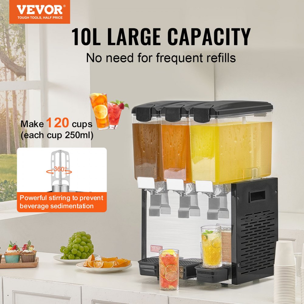 Commercial Beverage Dispenser 10L x 3 Tanks Cold Juice Ice Drink Dispenser