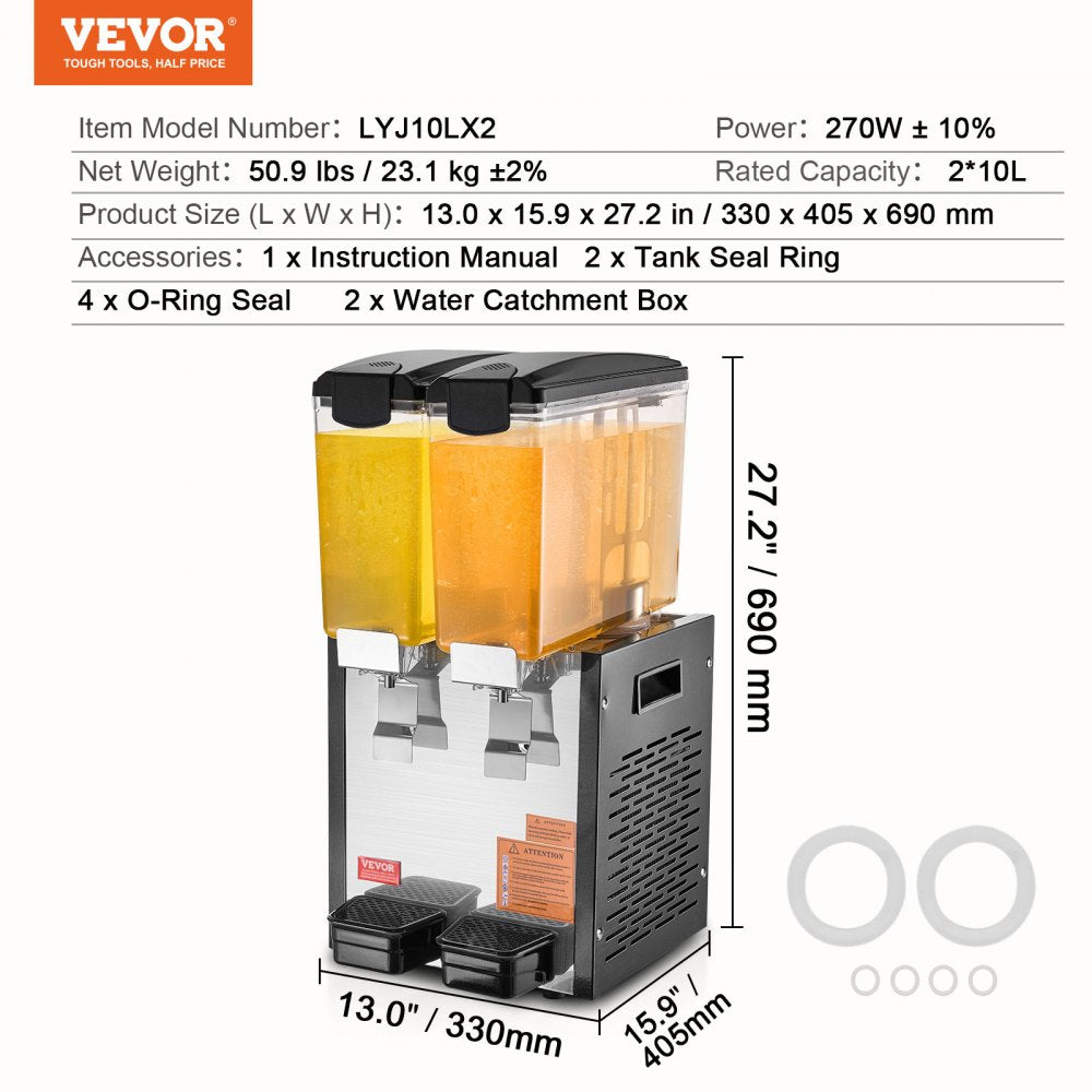 Commercial Beverage Dispenser 10L x 2 Tanks Cold Juice Ice Drink Dispenser