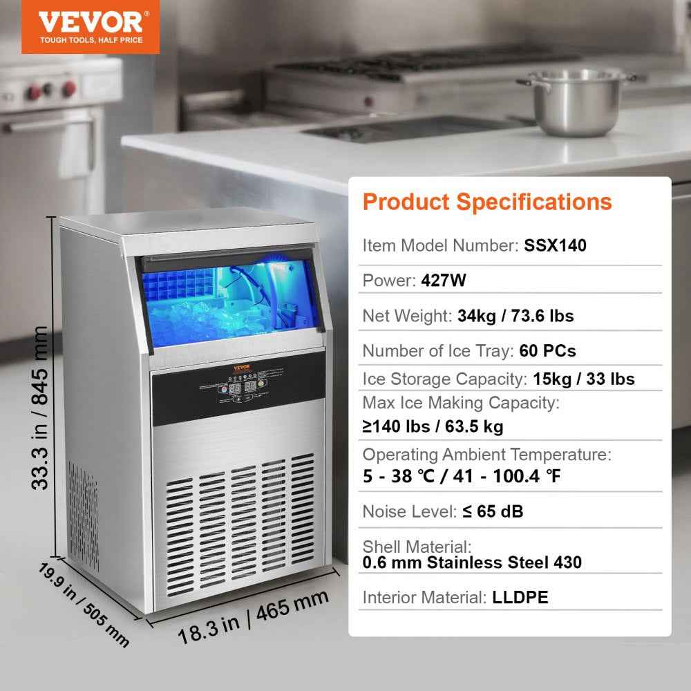 Commercial Ice Maker, 140lbs/24H, Ice Maker Machine, 60 Ice Cubes in 12-15 Minutes, Freestanding Cabinet Ice Maker with 33lbs Storage Capacity LED Digital Display, for Bar Home Office Restaurant