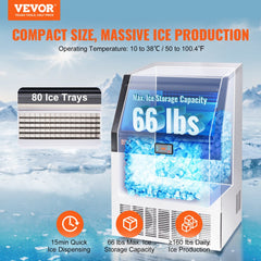 Commercial Ice Maker, 160lbs/24H, Ice Maker Machine, 80 Ice Cubes in 12-15 Minutes, Freestanding Cabinet Ice Maker with 66lbs Storage Capacity LED Digital Display, for Bar Home Office Restaurant