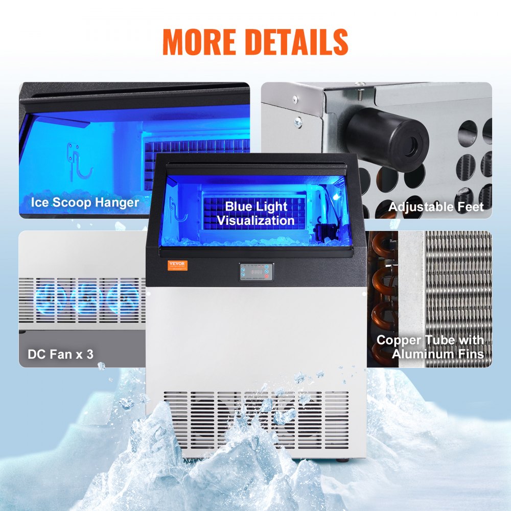 Commercial Ice Maker, 160lbs/24H, Ice Maker Machine, 80 Ice Cubes in 12-15 Minutes, Freestanding Cabinet Ice Maker with 66lbs Storage Capacity LED Digital Display, for Bar Home Office Restaurant