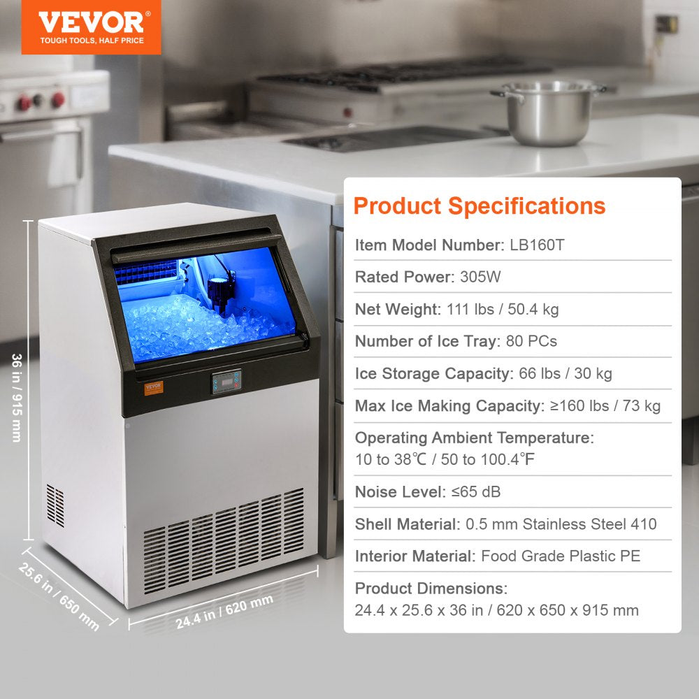 Commercial Ice Maker, 160lbs/24H, Ice Maker Machine, 80 Ice Cubes in 12-15 Minutes, Freestanding Cabinet Ice Maker with 66lbs Storage Capacity LED Digital Display, for Bar Home Office Restaurant