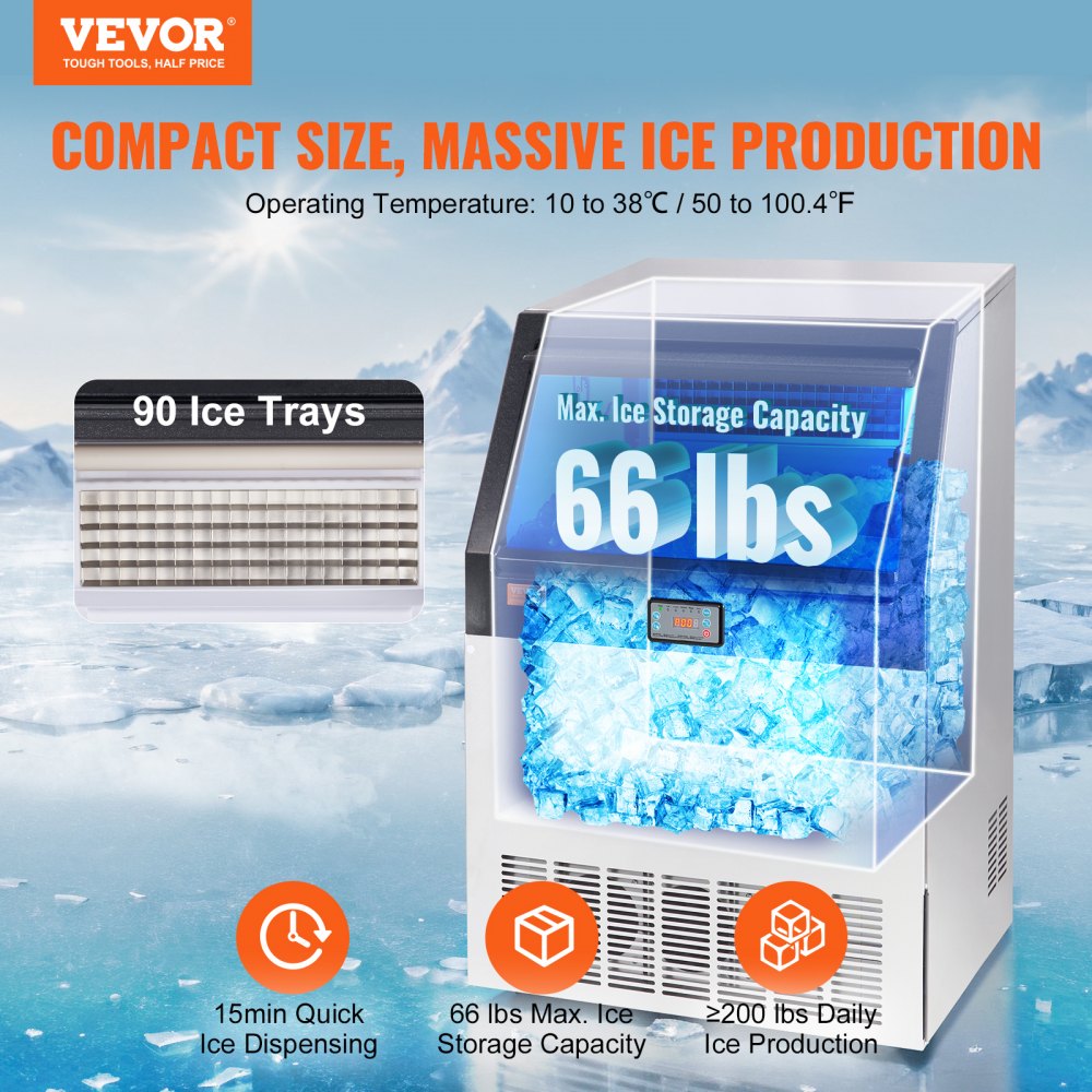 Commercial Ice Maker, 200lbs/24H, Ice Maker Machine, 90 Ice Cubes in 12-15 Minutes, Freestanding Cabinet Ice Maker with 66lbs Storage Capacity LED Digital Display, for Bar Home Office Restaurant