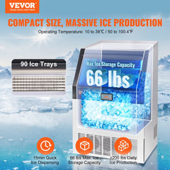 Commercial Ice Maker, 200lbs/24H, Ice Maker Machine, 90 Ice Cubes in 12-15 Minutes, Freestanding Cabinet Ice Maker with 66lbs Storage Capacity LED Digital Display, for Bar Home Office Restaurant