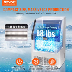 Commercial Ice Maker, 265lbs/24H, Ice Maker Machine, 126 Ice Cubes in 12-15 Minutes, Freestanding Cabinet Ice Maker with 88lbs Storage Capacity LED Digital Display, for Home Office Restaurant