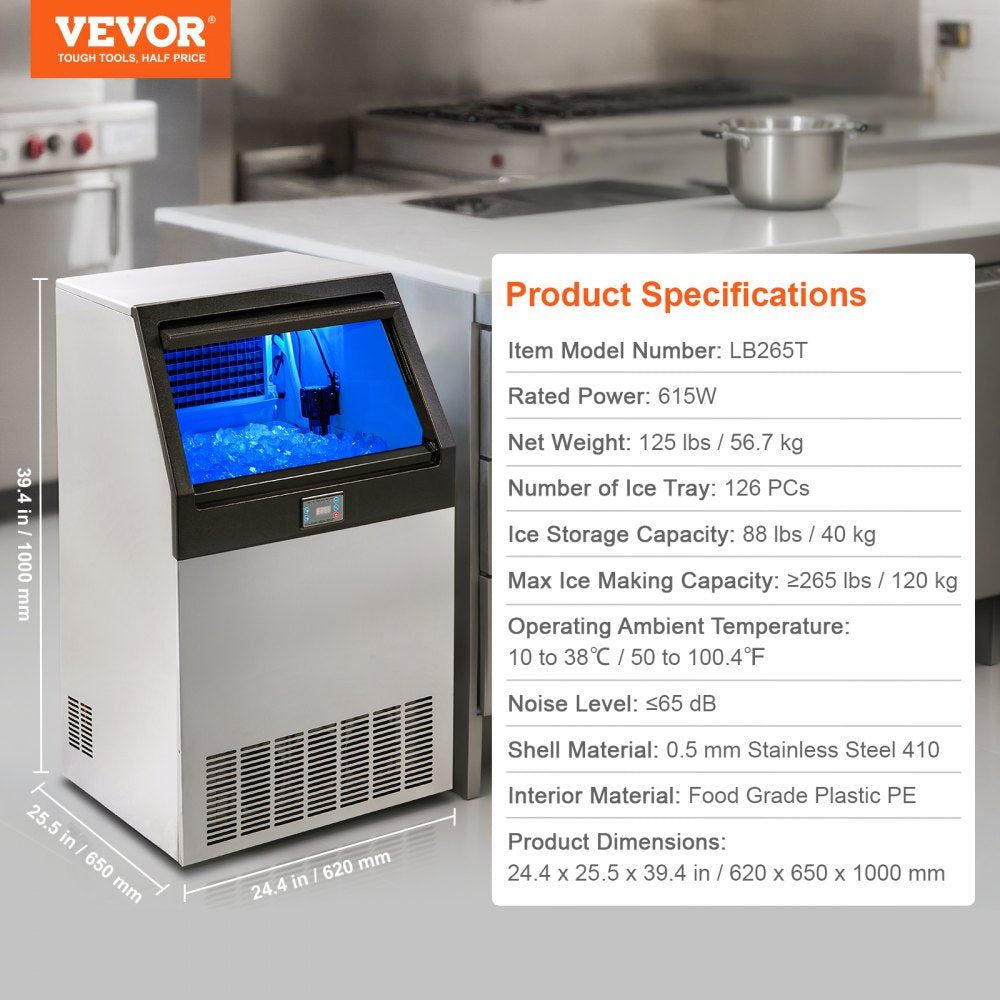 Commercial Ice Maker, 265lbs/24H, Ice Maker Machine, 126 Ice Cubes in 12-15 Minutes, Freestanding Cabinet Ice Maker with 88lbs Storage Capacity LED Digital Display, for Home Office Restaurant