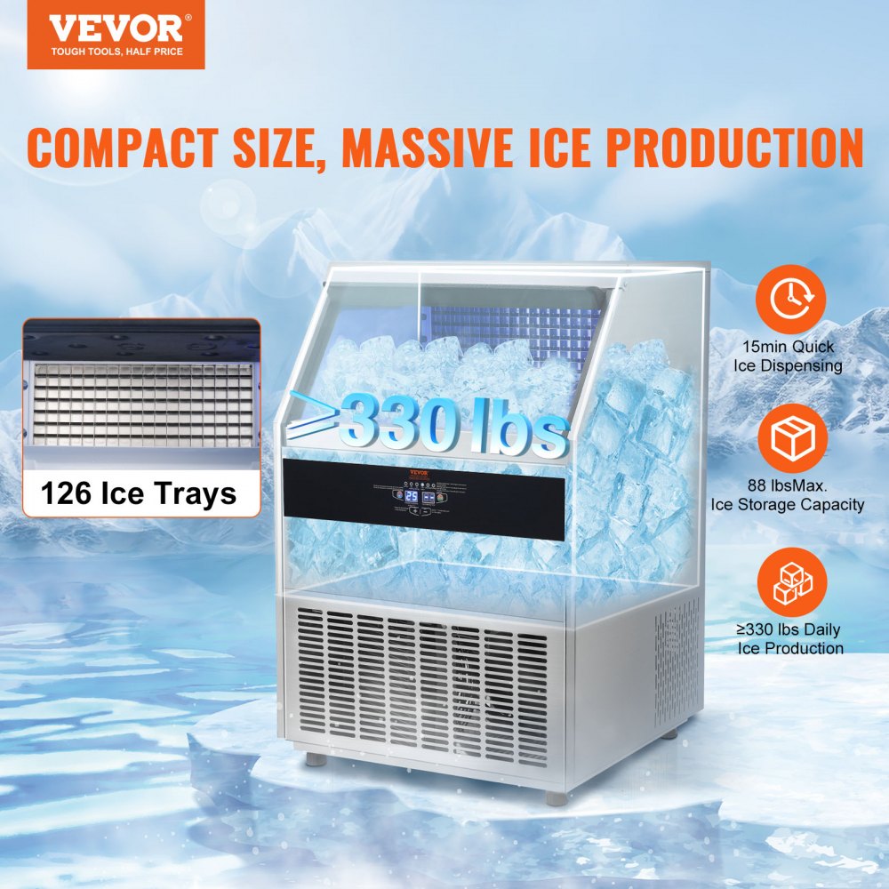 Commercial Ice Maker, 330lbs/24H, Ice Maker Machine, 126 Ice Cubes in 12-15 Minutes, Freestanding Cabinet Ice Maker with 88lbs Storage Capacity LED Digital Display, for Bar Home Restaurant