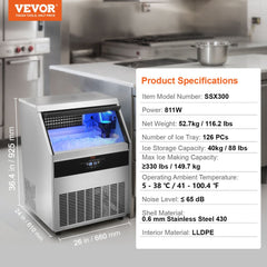Commercial Ice Maker, 330lbs/24H, Ice Maker Machine, 126 Ice Cubes in 12-15 Minutes, Freestanding Cabinet Ice Maker with 88lbs Storage Capacity LED Digital Display, for Bar Home Restaurant
