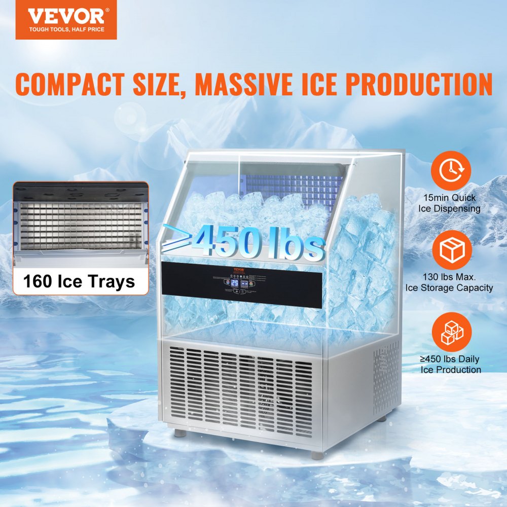 Commercial Ice Maker, 450lbs/24H, Ice Maker Machine, 160 Ice Cubes in 12-15 Minutes, Freestanding Cabinet Ice Maker with 130lbs Storage Capacity LED Digital Display, for Bar Home Office Restaura