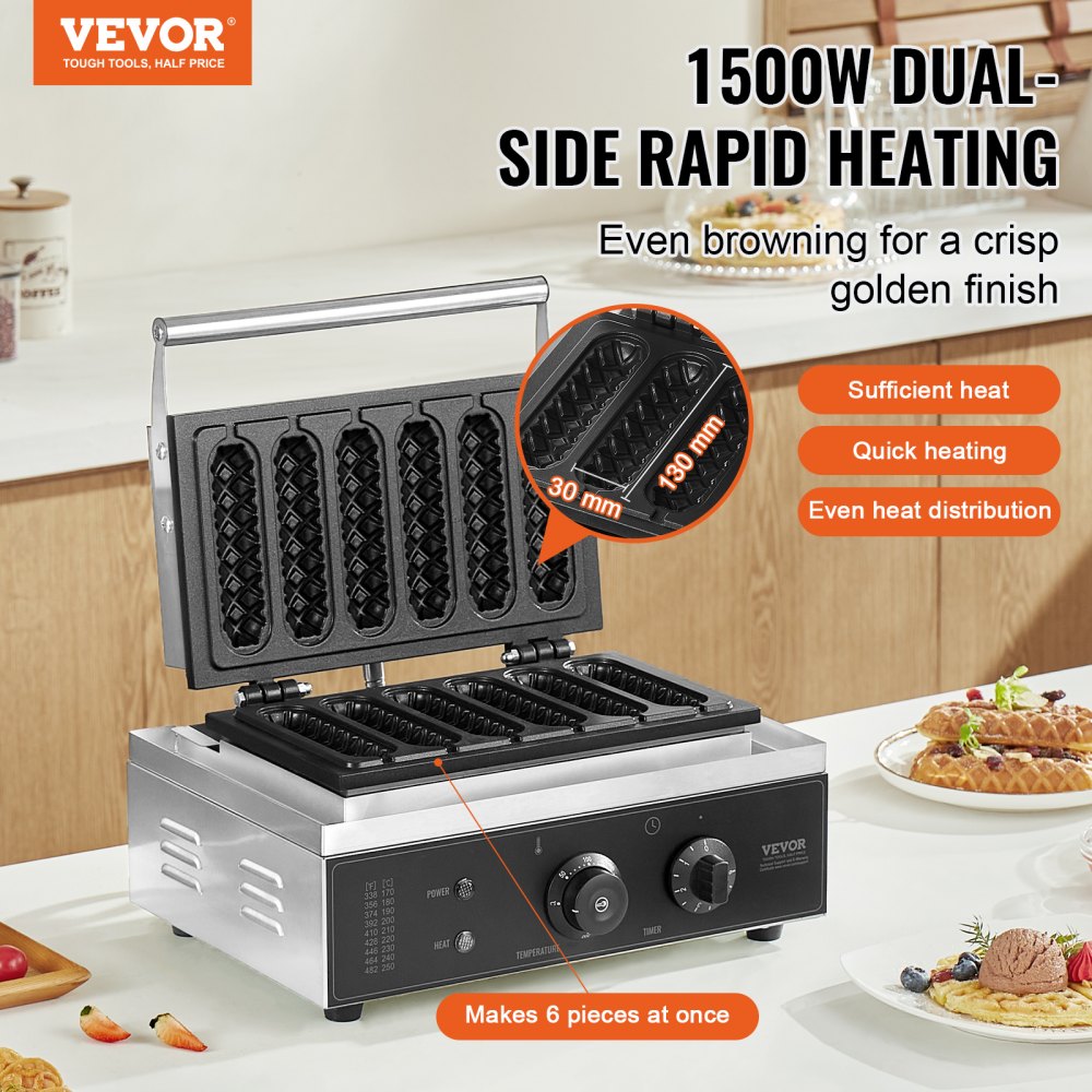 6PCS Commercial Waffle Stick Maker Waffle Baker Hot Dog Waffle Iron 1500W