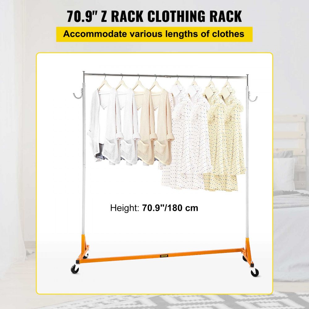 Z Rack, Industrial Grade Z Base Garment Rack, Height Adjustable Rolling Z Garment Rack, Sturdy Steel Z Base Clothing Rack w/ Lockable Casters for Home Garment Store Display Commercial Use Orange