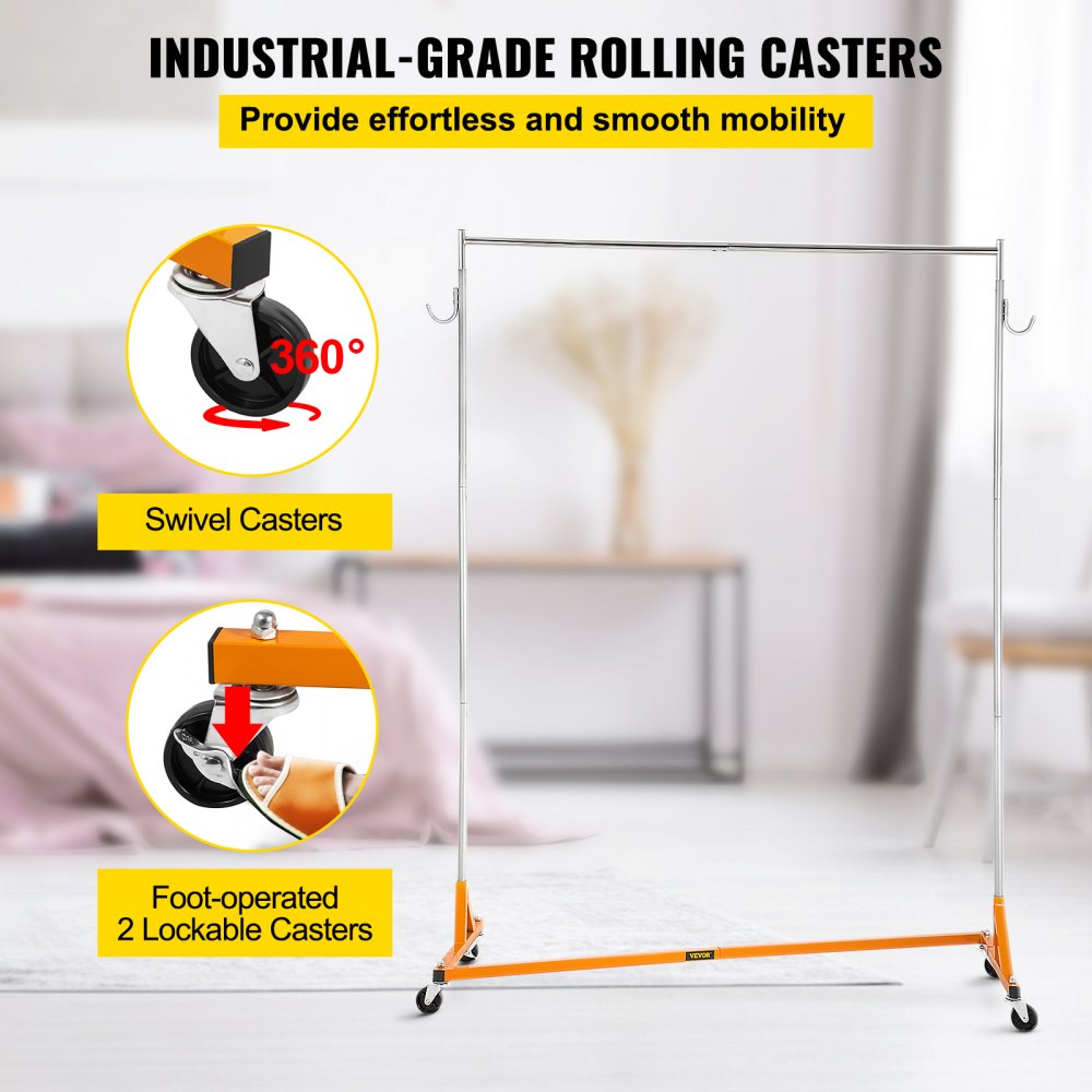 Z Rack, Industrial Grade Z Base Garment Rack, Height Adjustable Rolling Z Garment Rack, Sturdy Steel Z Base Clothing Rack w/Lockable Casters, for Home Clothing Store Display Orange (3 Sets)