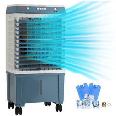 White and blue portable evaporative swamp cooler with cooling pads, ice packs, and wheels.