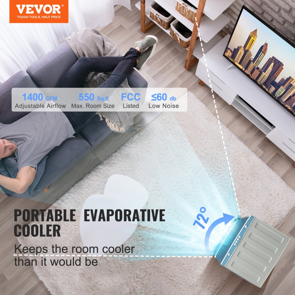 Portable evaporative swamp cooler with 1400 CFM airflow for 550 sq ft rooms, shown in a living space.