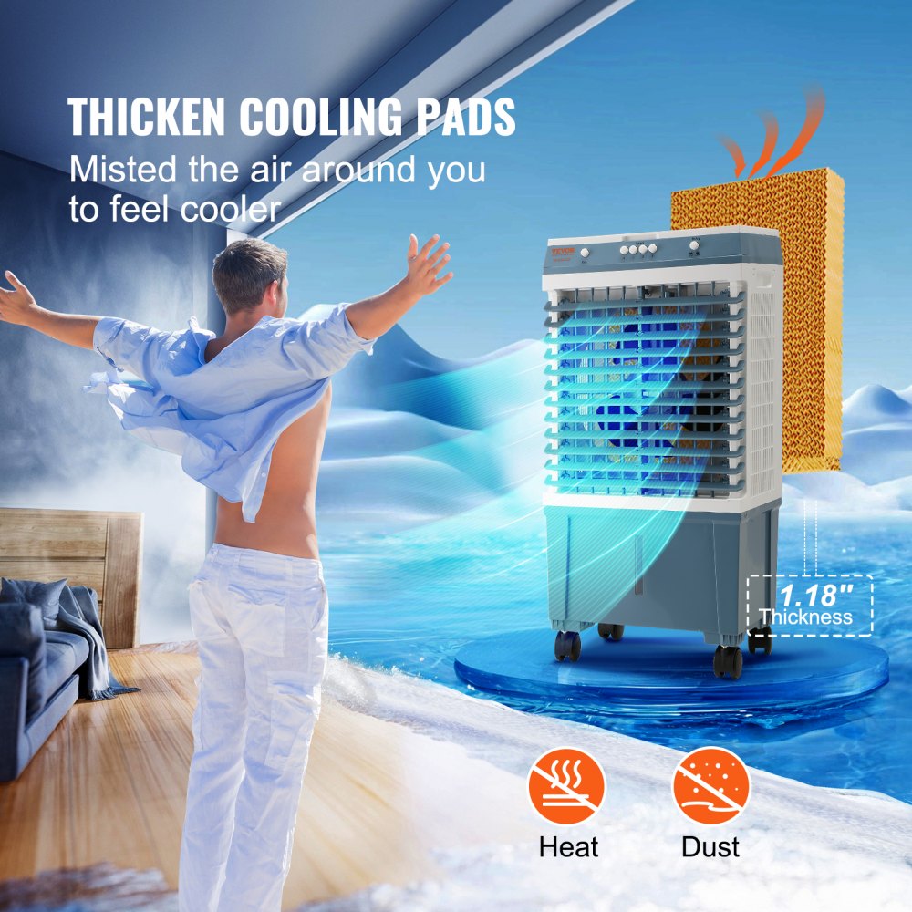 A man stands in front of a portable evaporative swamp cooler with thick cooling pads and 1.8-inch thickness labels.