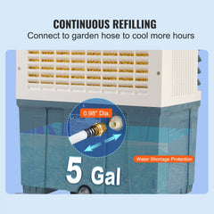 Evaporative swamp cooler with 5-gallon tank, hose connection for continuous refilling, and water shortage protection.