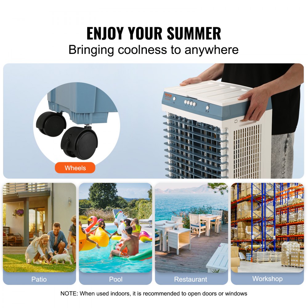 Portable evaporative swamp cooler with 5-gallon tank, wheels, and 1400 CFM airflow for 550 sq ft.