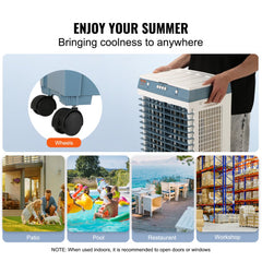 Portable evaporative swamp cooler with 5-gallon tank, wheels, and 1400 CFM airflow for 550 sq ft.