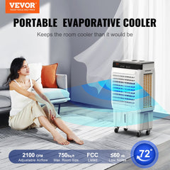 Portable evaporative swamp cooler with 2100 CFM airflow, 7-gallon tank, and adjustable louvers in a living room setting.