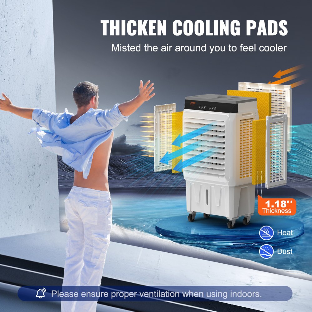 Bostome 2100 CFM portable evaporative cooler with thick cooling pads and 7-gallon water tank.